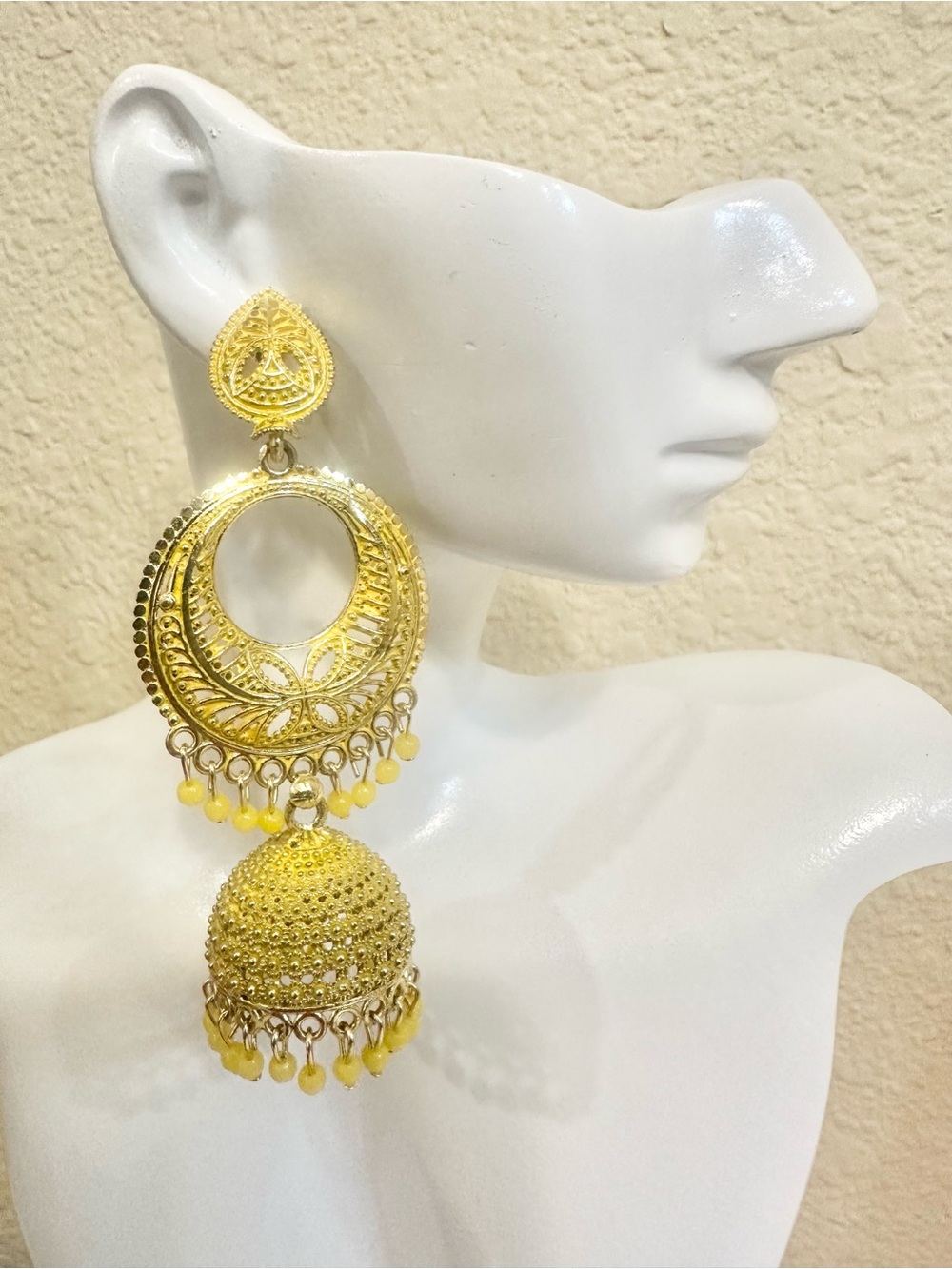 Gold & Yellow Jhumka Chandelier Earrings with Yellow Bead Accents